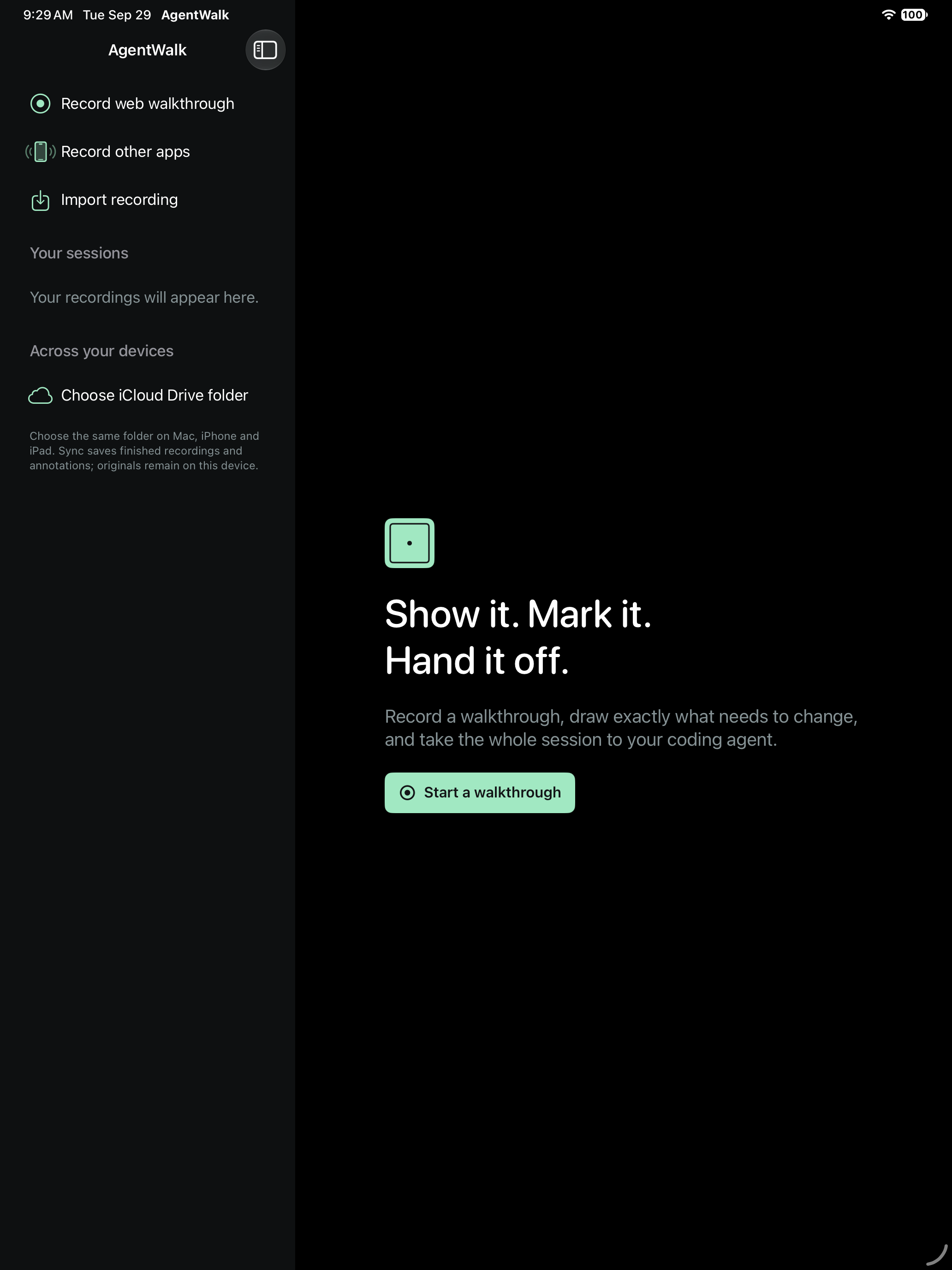 AgentWalk iPad workspace with recording options, session sidebar, and Start a walkthrough