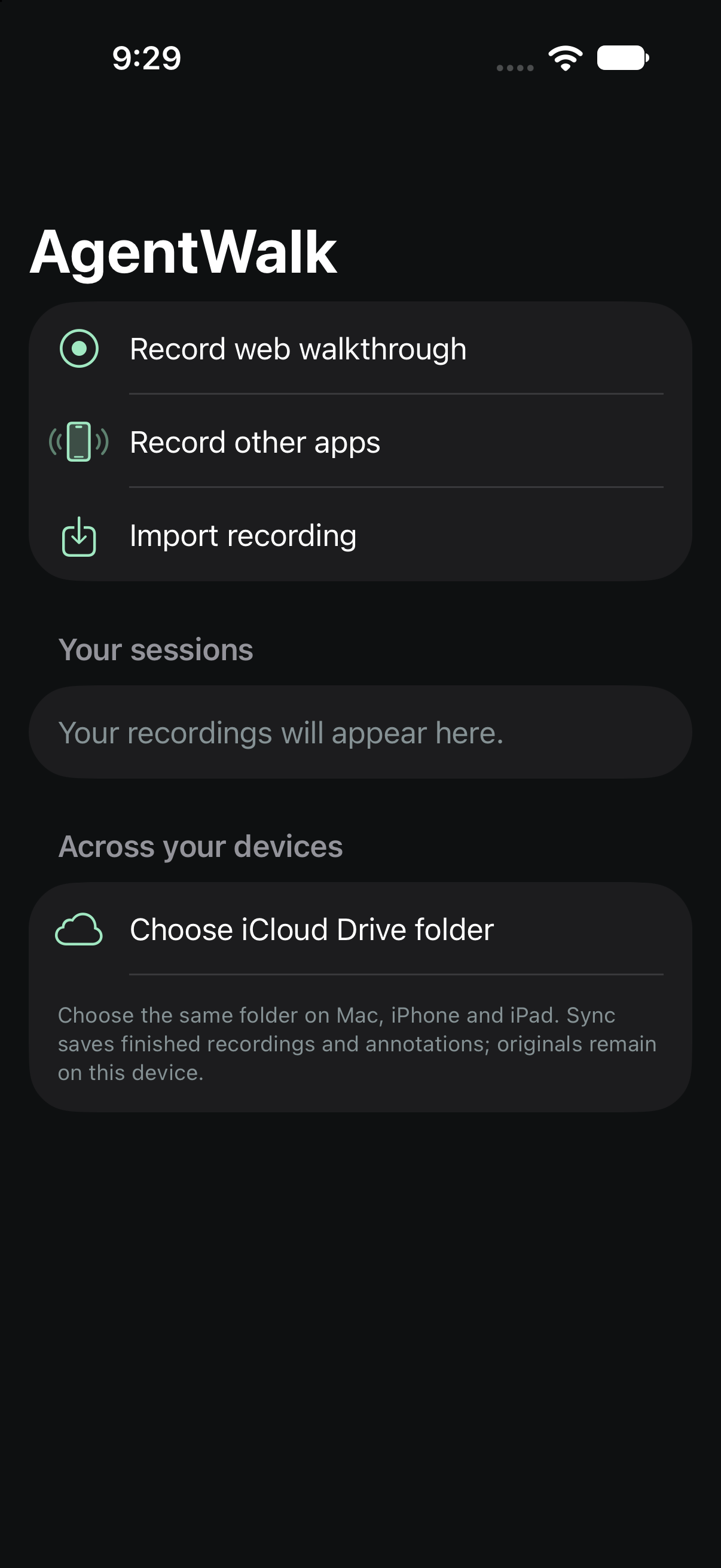 AgentWalk iPhone library with web walkthrough, other-app recording, import, and iCloud Drive controls