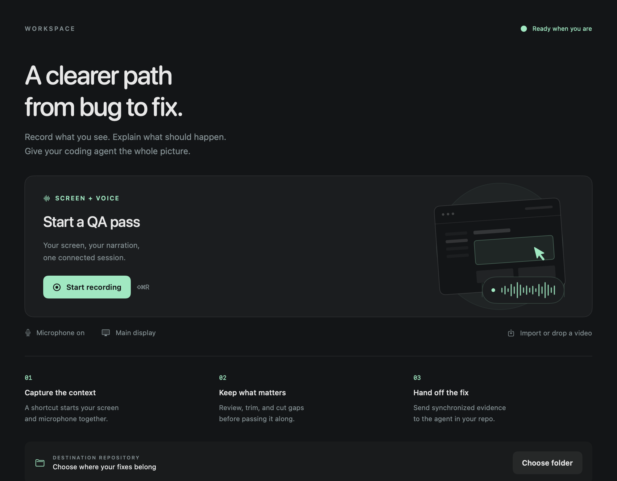 AgentWalk Mac workspace with recording and import controls